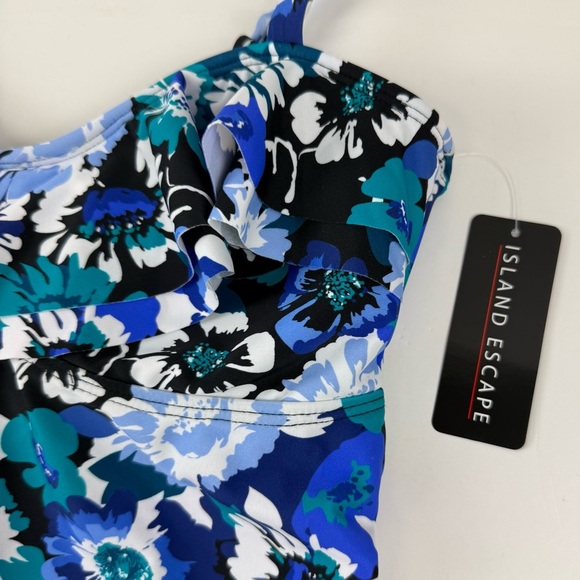 Island Escape Tankini Bikini Top Womens 8 Black Blue Multi Floral Swim NWT - Picture 3 of 9